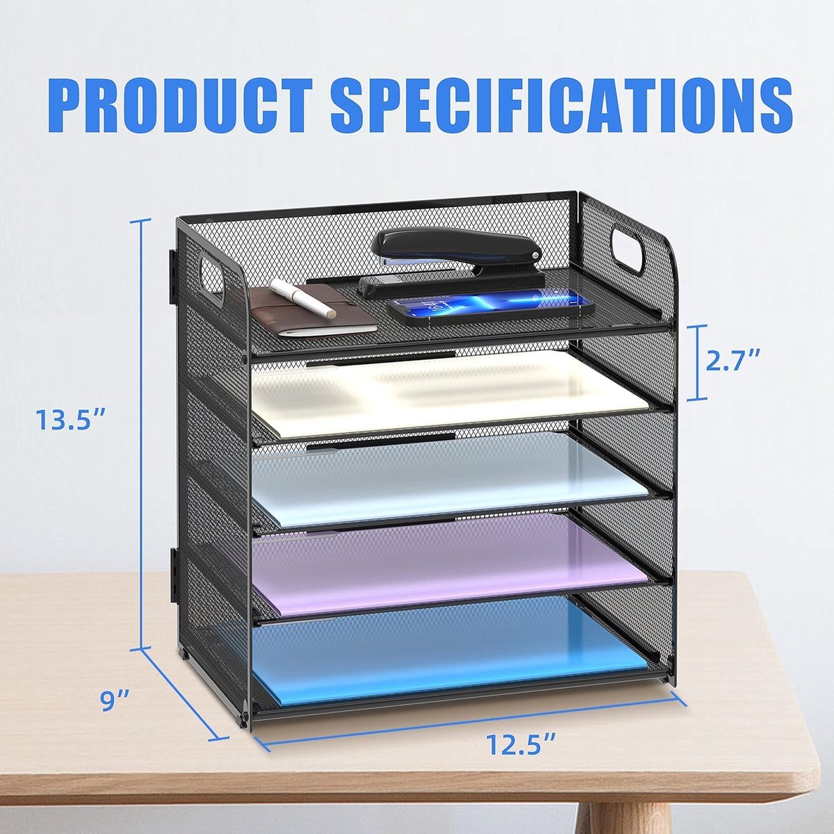 5-laags papierorganizer Letter Tray Organizer, Mesh Metal Desk File Organizer met handvat, Paper Sorter Organizer voor - ShopVlot