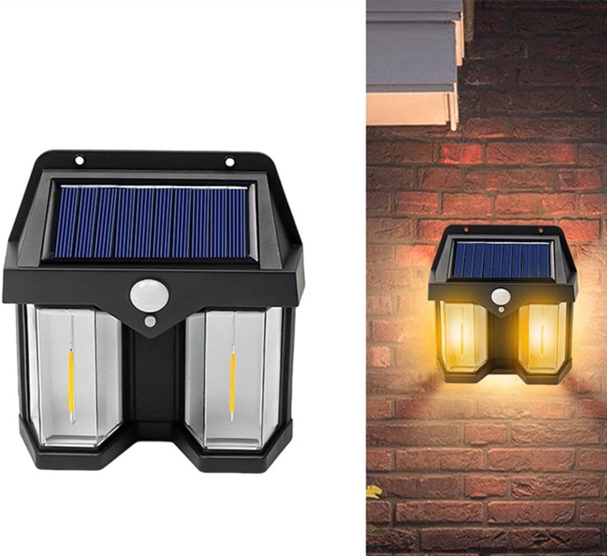 Solar-buitenverlichting, wandlampen voor buiten, buitenlantaarns met 2 lichtbronnen en 3 standen, wandgemonteerde solarlampen met bewegingssensor voor tuin en terras