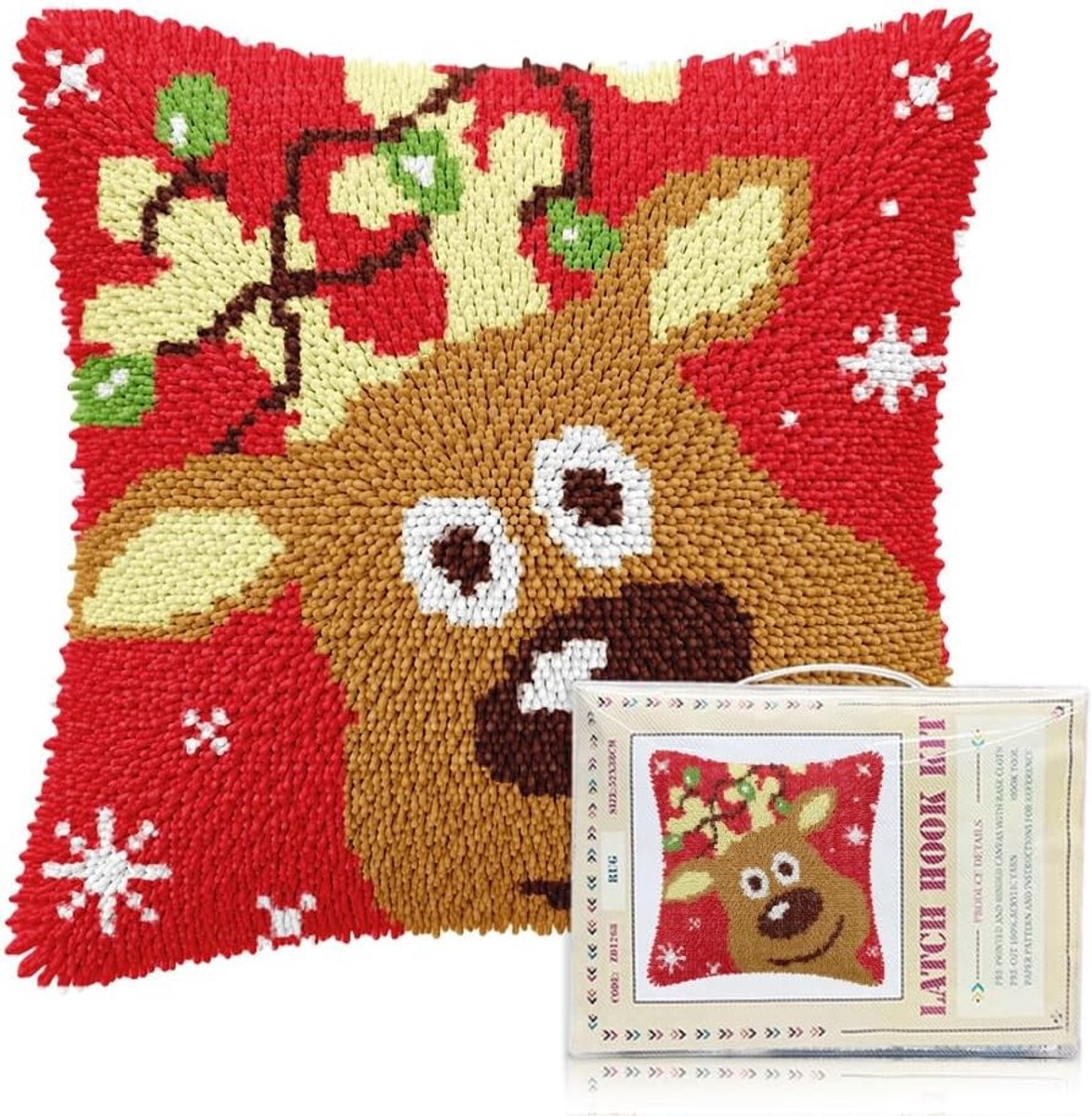 Kerst Knopen Sets voor Volwassenen en Beginners - Voorgeprinte DIY Haak- en Knopen Set met Rendierpatroon voor Kussenhoezen - Inclusief Instructies 43 x 43 cm