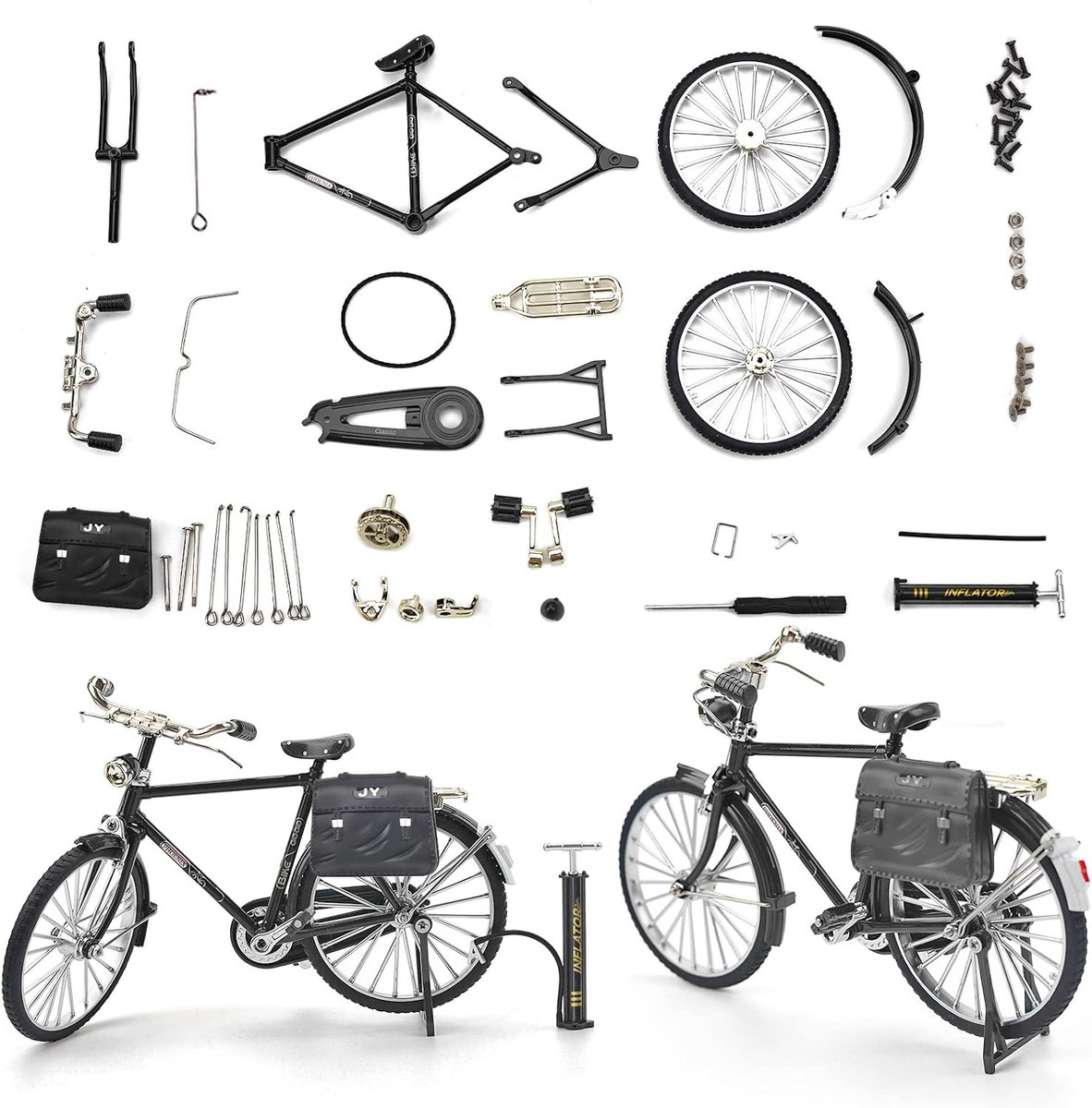 Retro Fiets Model Ornament voor Kinderen, 51 Stuks Mini Fiets Model Set met Pomp en Koffer, Creatief IJzeren Tafelornament Speelgoed voor Cadeaus en Decoratie