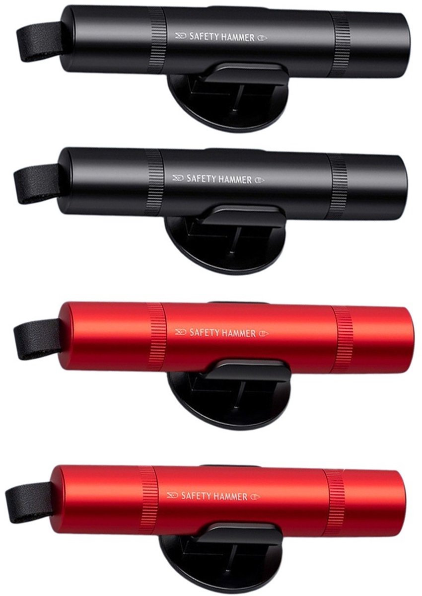 Auto Ruitbreker Set 4-Pack — Aluminium Noodhamer met Gordelsnijder en Veerbelaste Glasbreker, Rood/Zwart