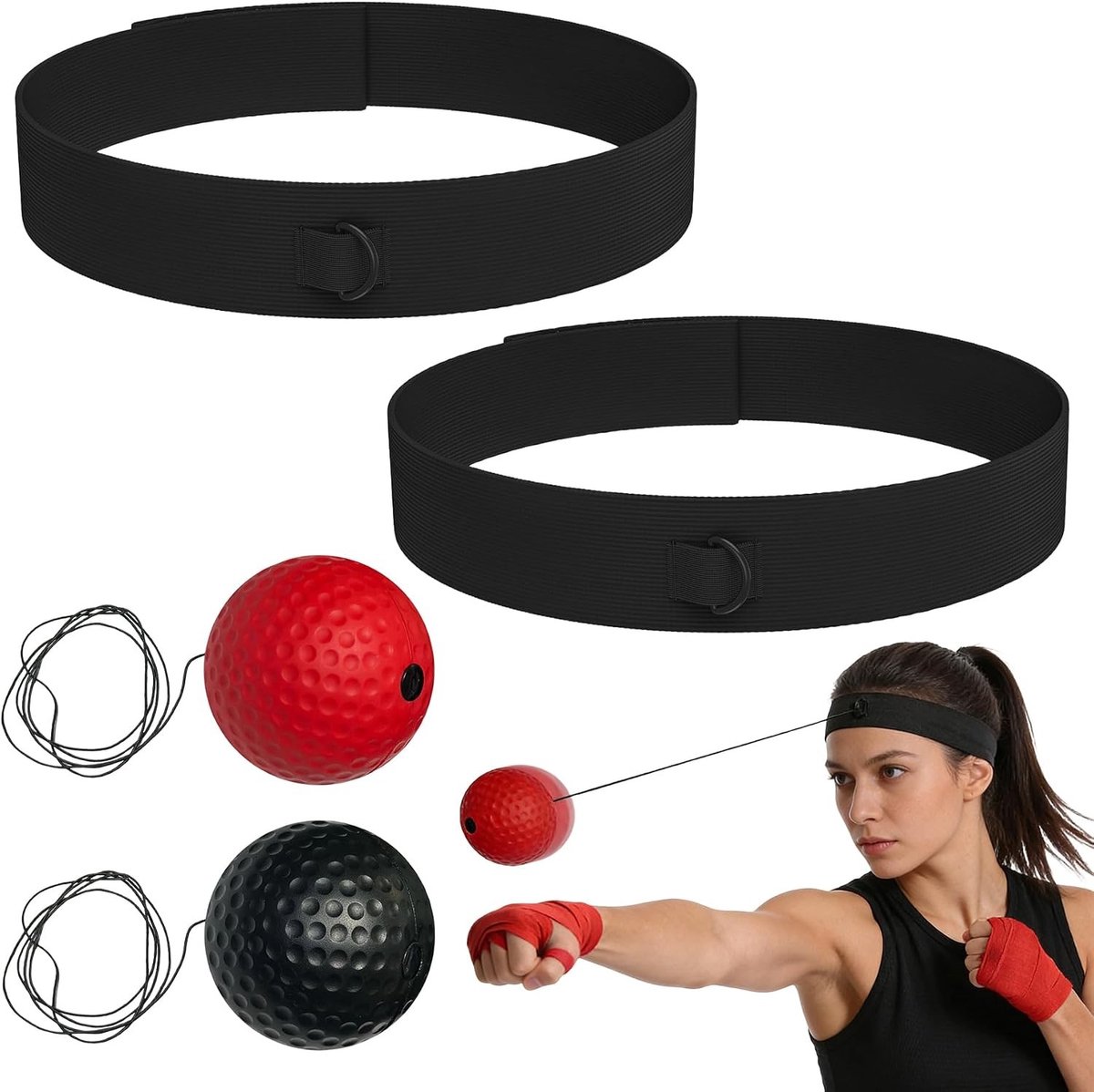 Reflecterende bokstraining set met 2 ballen en verstelbare hoofdband voor verbeterde hand-oog coördinatie, snelheid en behendigheid