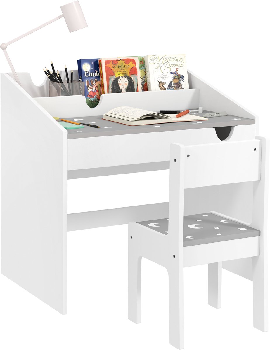 Kinderbureau en - stoelset met opbergruimte en schuiflade - voor kinderen van 3 - 6 jaar - sterrenpatroon - Grijs