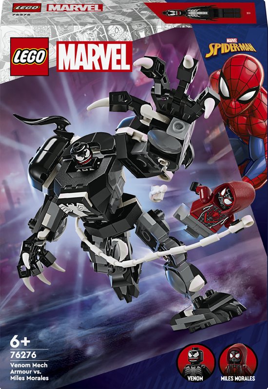 LEGO Marvel Venom Mech Armour vs. Miles Morales speelgoed met zwart mechanisch pak met klauwen en rode minifiguur.
