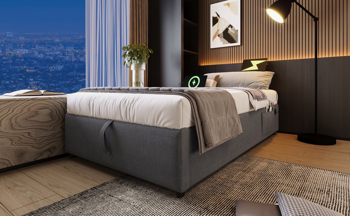 WUVRIE Opbergbed 90x190 cm met USB/USB-C, bedbodem uit één stuk en grijze stof