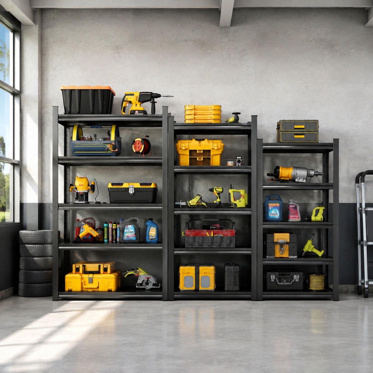 MODFU Opbergrek - 5 Niveaus Verstelbaar - Garage - Metaal - Zwart - 198x120x45,7 cm