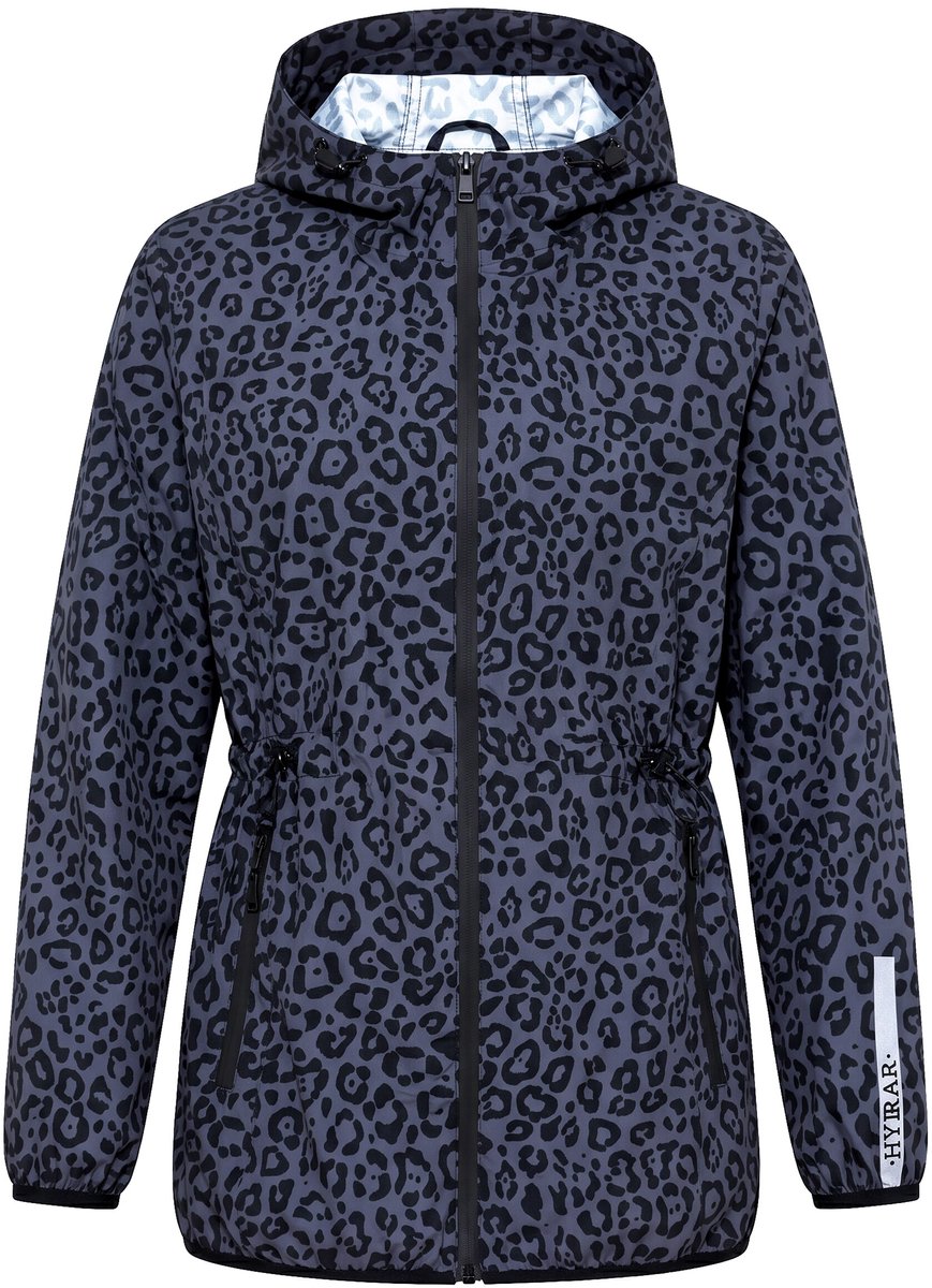 Ulla Popken - Dames - Regenjas luipaardmotief waterdicht capuchon klep - Zwart - Maat 50+