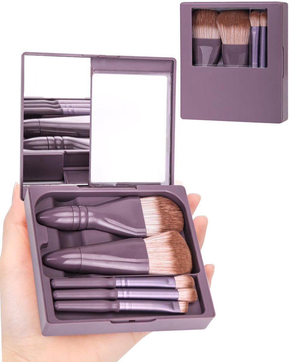 5-delige set - Mini make-upkwastenset -Make-upkwastenset in reisformaat - Inclusief harde etui en ingebouwde spiegel - Bevat 5 kleine make-upkwasten - Make-upkwasten - Een onmisbaar beautyproduct voor op reis voor vrouwen en meisjes - Donkerpaars