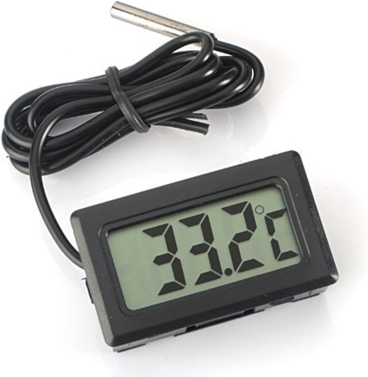 Aanlegthermometer - Zwart - Digitale LCD Temperatuurmeter met Externe Sonde - Voor Koelkast, Vriezer en Aquarium