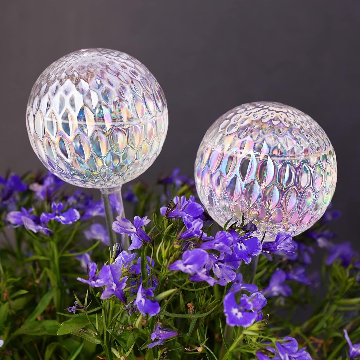 Glazen zelfbewaterende bollen voor planten, 2-pack, parelmoerglans, helder iriserend, plantenbewateringsapparaat, ruitvormig patroon, zelfbewaterende bollen, plantenbakinzetstuk, decoratieve vakantiebewateringsspikes