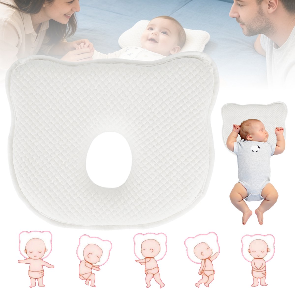 Babykussen Memory Foam - Ondersteunend Kussen met Middenuitsparing - 25 × 20,5 × 3,5 cm - Zachte Modal Stof - Wit Rasterdesign
