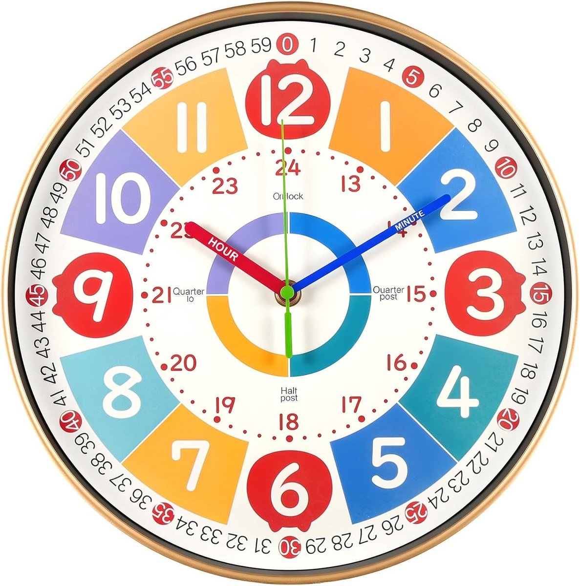 Kleurvolle Kinderwandklok van 25 cm voor Leren, Stille Analoge Klok zonder Tikken, Educatieve Wandklok voor Jongens en Meisjes