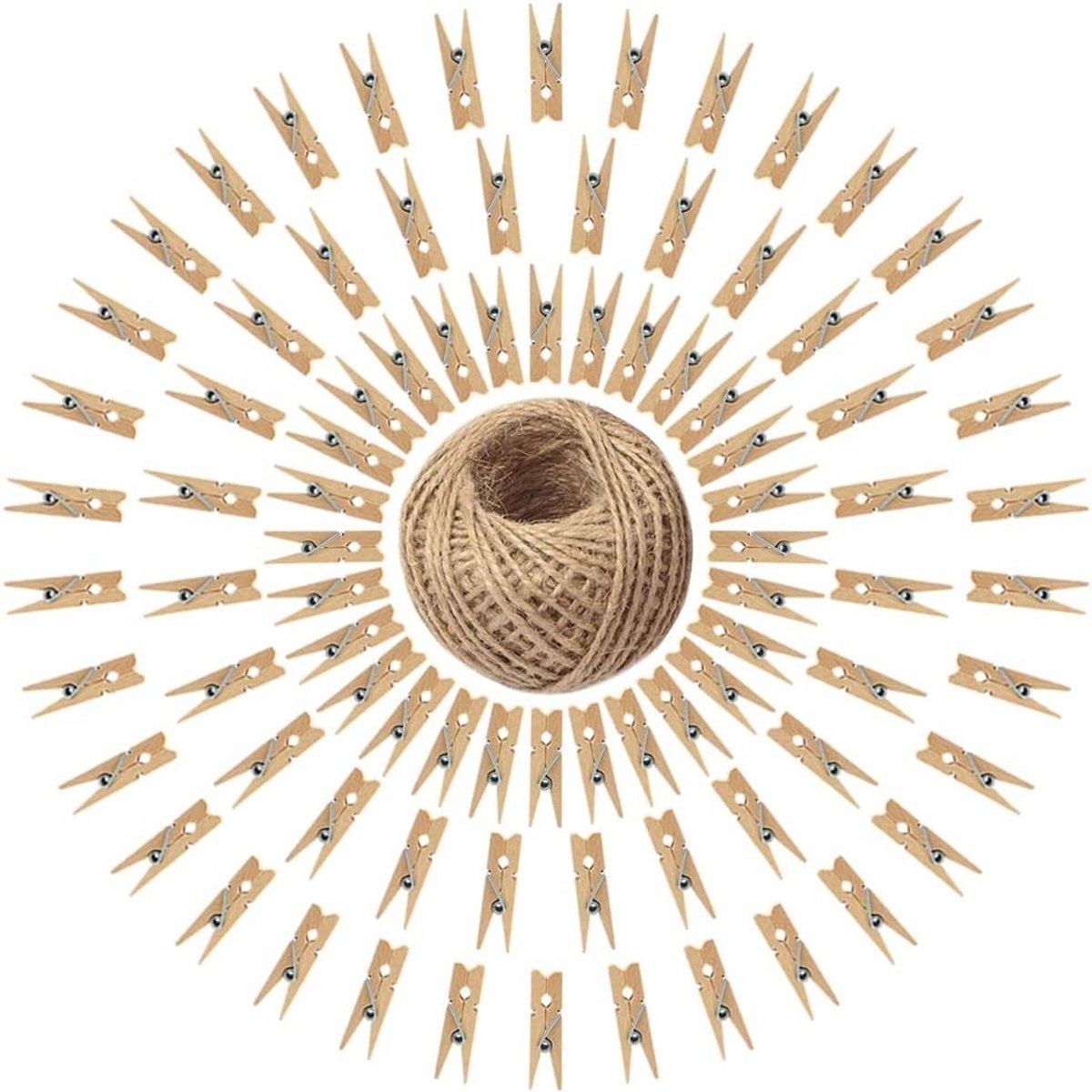 Set van 100 Houten Kledingknijpers en Foto Clips met 30 meter Jute Touw voor Kleding en Creatieve Projecten