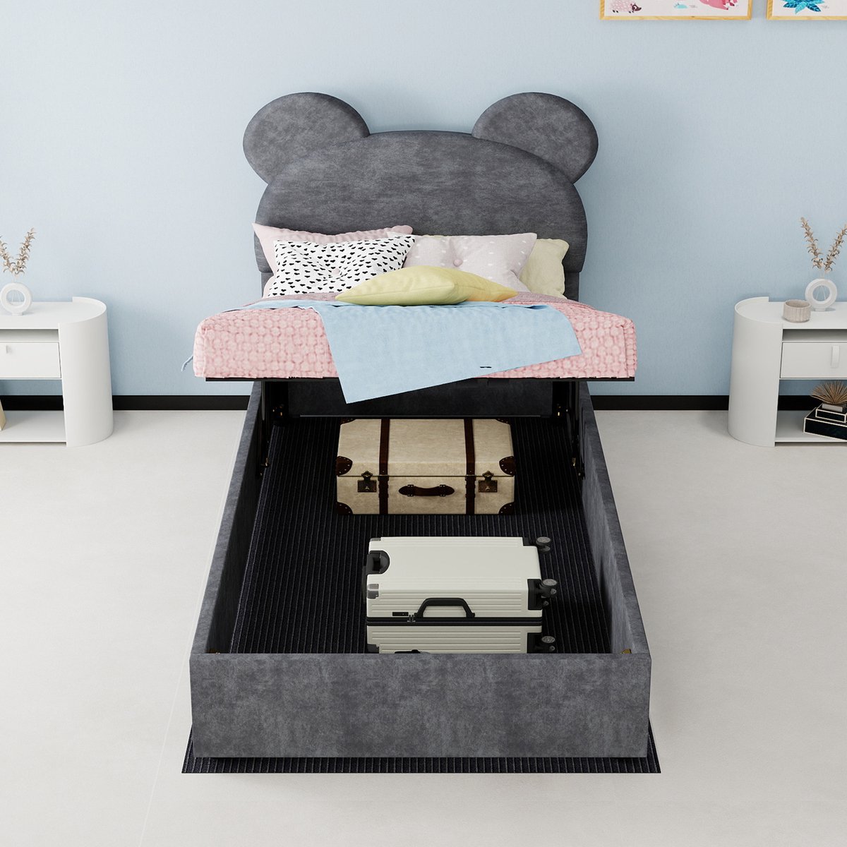 WUVRIE Gestoffeerd bed 90x200 cm met cartoon-hoofdbord, opbergruimte en grijs voor kinderkamer