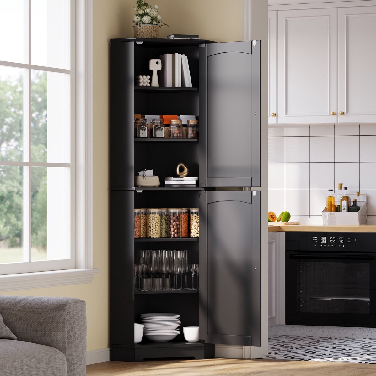 OKWISH Eckkast Dressoir Met 2 Deuren En Verstelbare Planken Voor Keuken Eetkamer En Woonkamer Zwart MDF 42 X 42 X 166 Cm