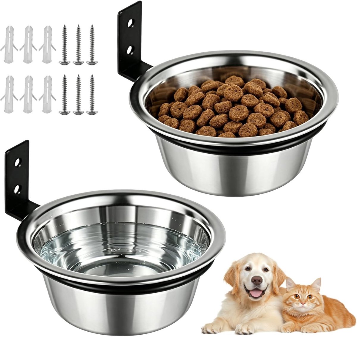 Set van 2 verstelbare wandbakken voor honden, verhoogde wandbakken, wandmontage, hangend en opvouwbaar, ideaal voor kleine en grote honden