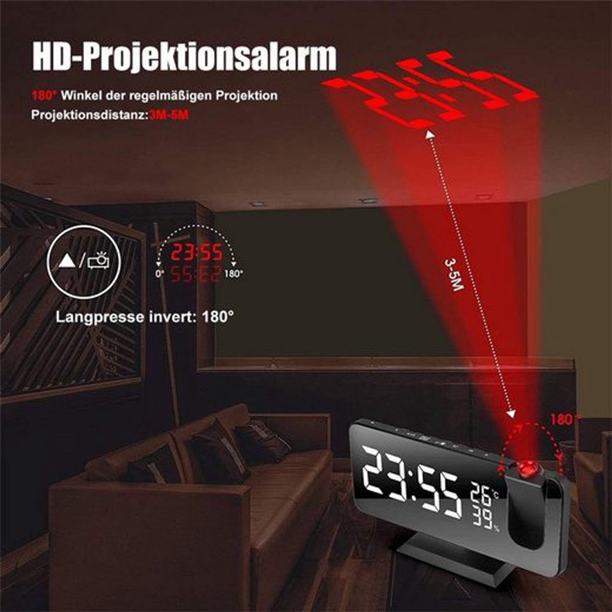 COVREO Projectie wekker met LED display en FM-radio – 18x10x6 cm – Dubbele alarm met temperatuur en luchtvochtigheid – Zwart