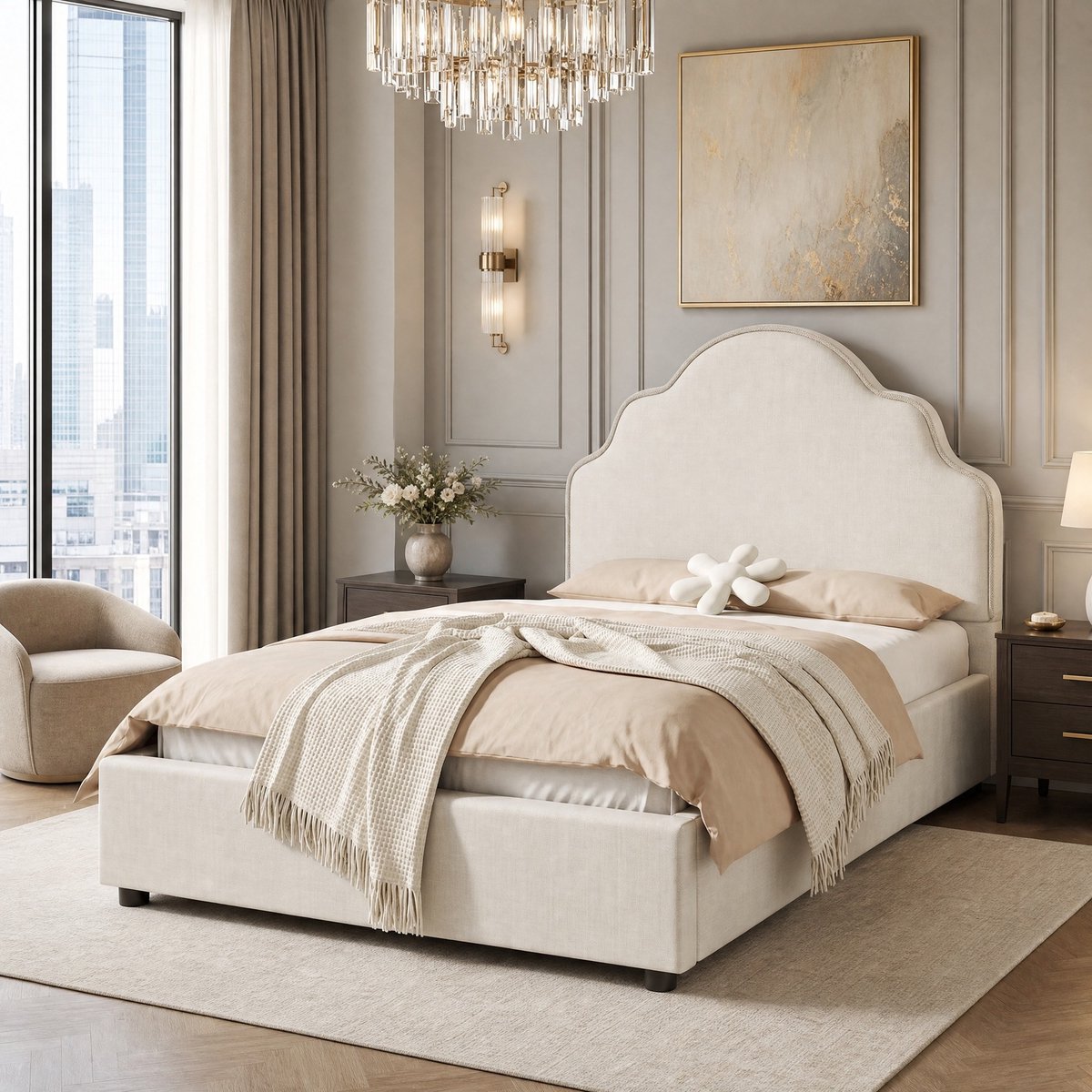 WUVRIE Eenpersoonsbed 90x200 cm met afgerond hoofdbord in linnen, beige