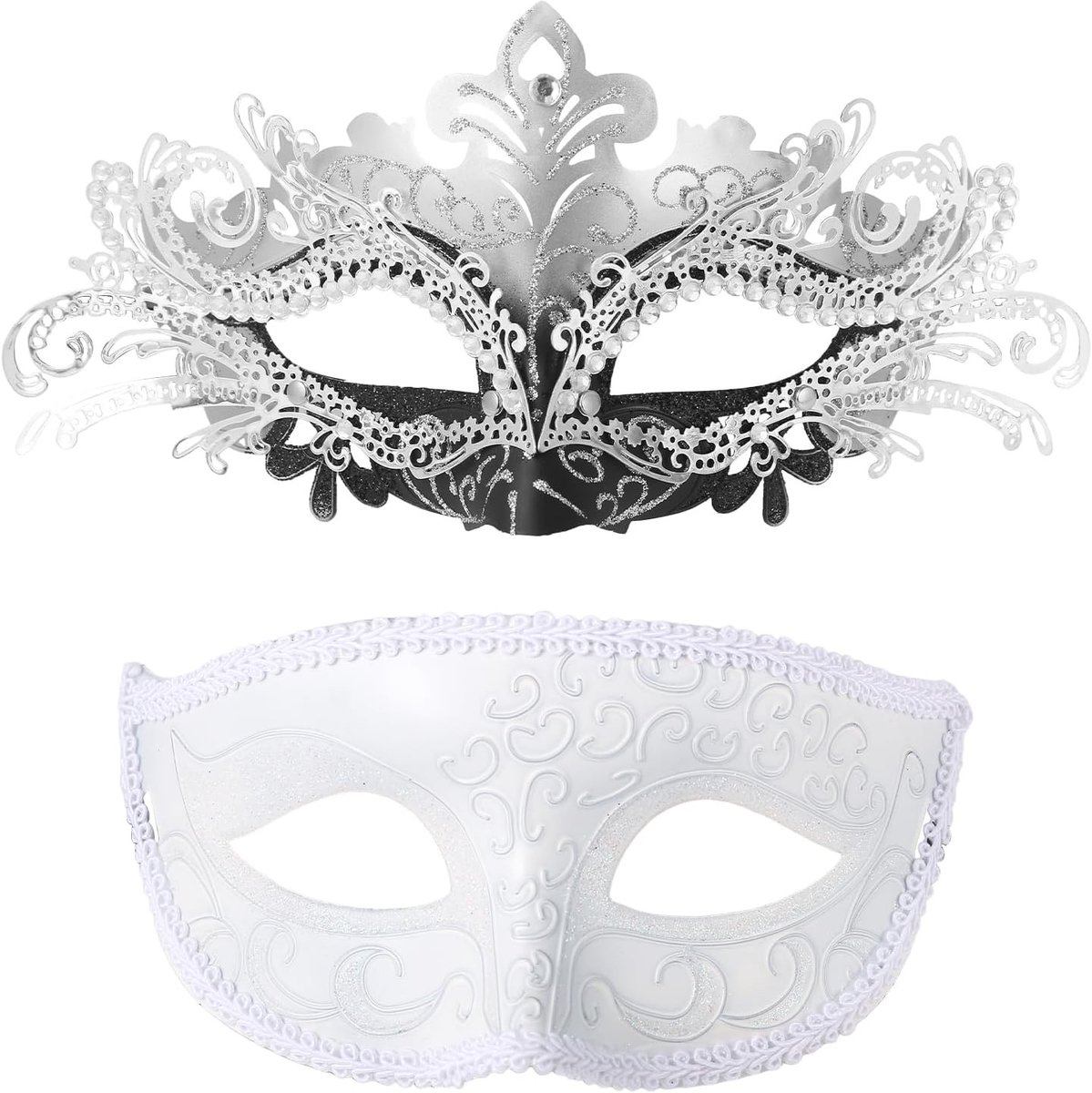 2 Stuks Venetiaans Masker Set: Zilver Zwart Maskerade Maskers met Strass en Metallic Look voor Halloween, Carnaval en Bruiloft