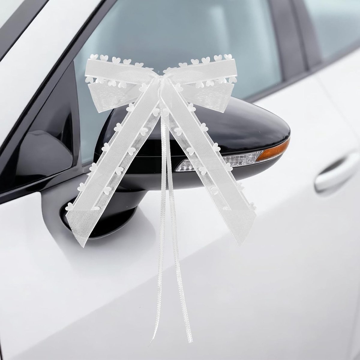10 Stuks Witte Decoratieve Strikken voor Auto, Bruiloft, Organza Harten en Kant Versiering voor Trouwauto en Cadeaus
