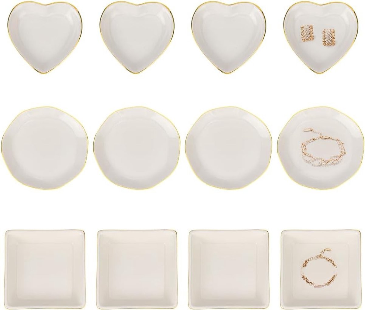 Set van 12 porseleinen sieradenschaaltjes in 3 stijlen - Decoratieve ring- en oorbelhouders voor bruiloften en cadeaus, 12 x 10 cm