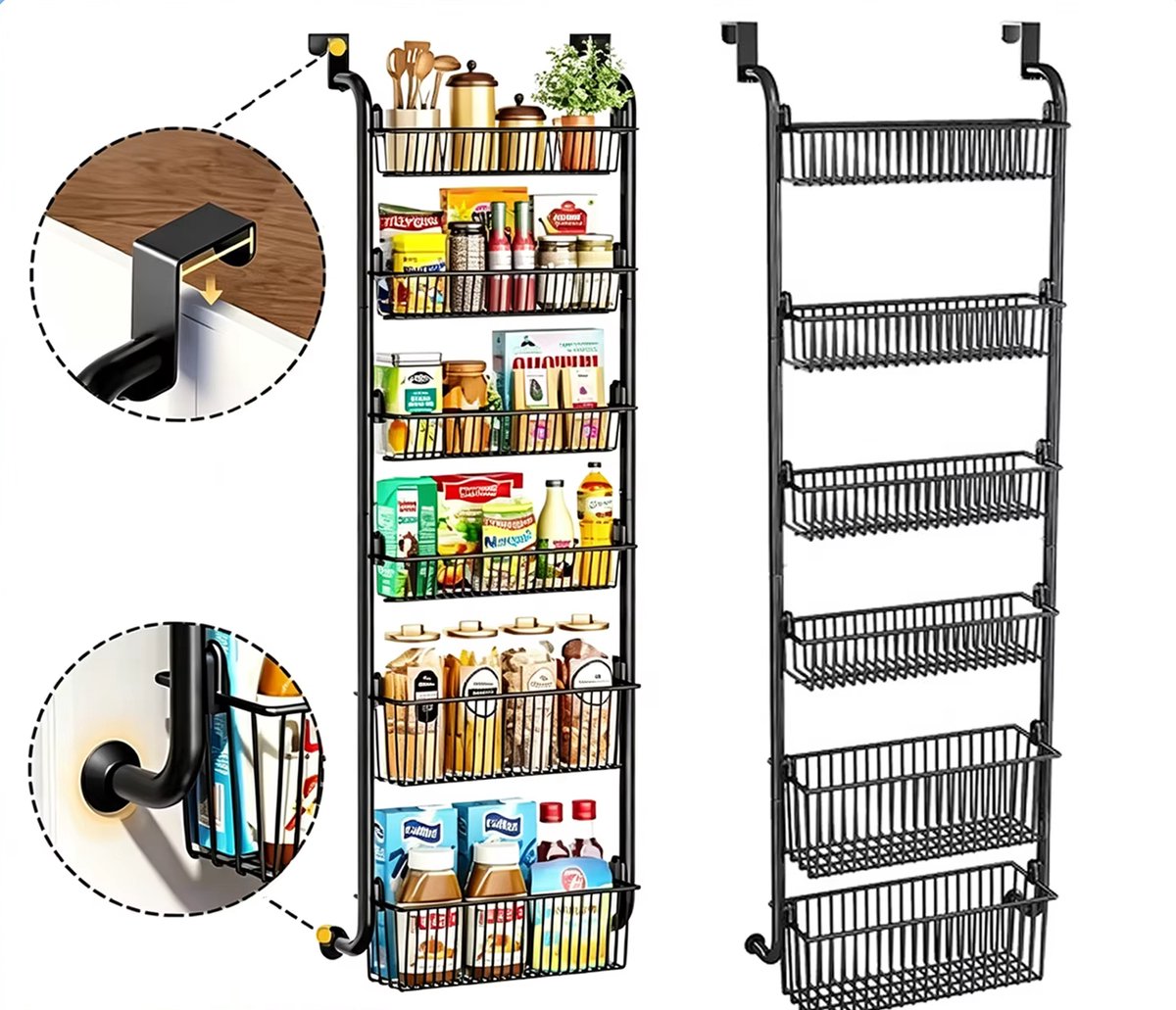 Mura Opbergrek - Keukenrek - Opbergmanden - Hangrek - Deurrek - Voorraadrek - 6 Hangorganizer - 25kg Draagvermogen - Zwart