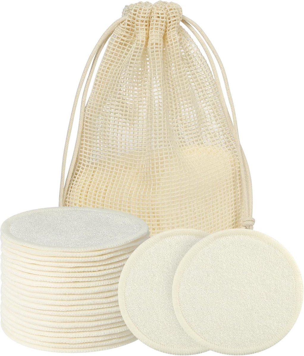 Wasbare afschminkpads van bamboe en katoen, 20 herbruikbare wattenpads met waszak, ideaal voor gezichtsreiniging en geschikt voor alle huidtypes