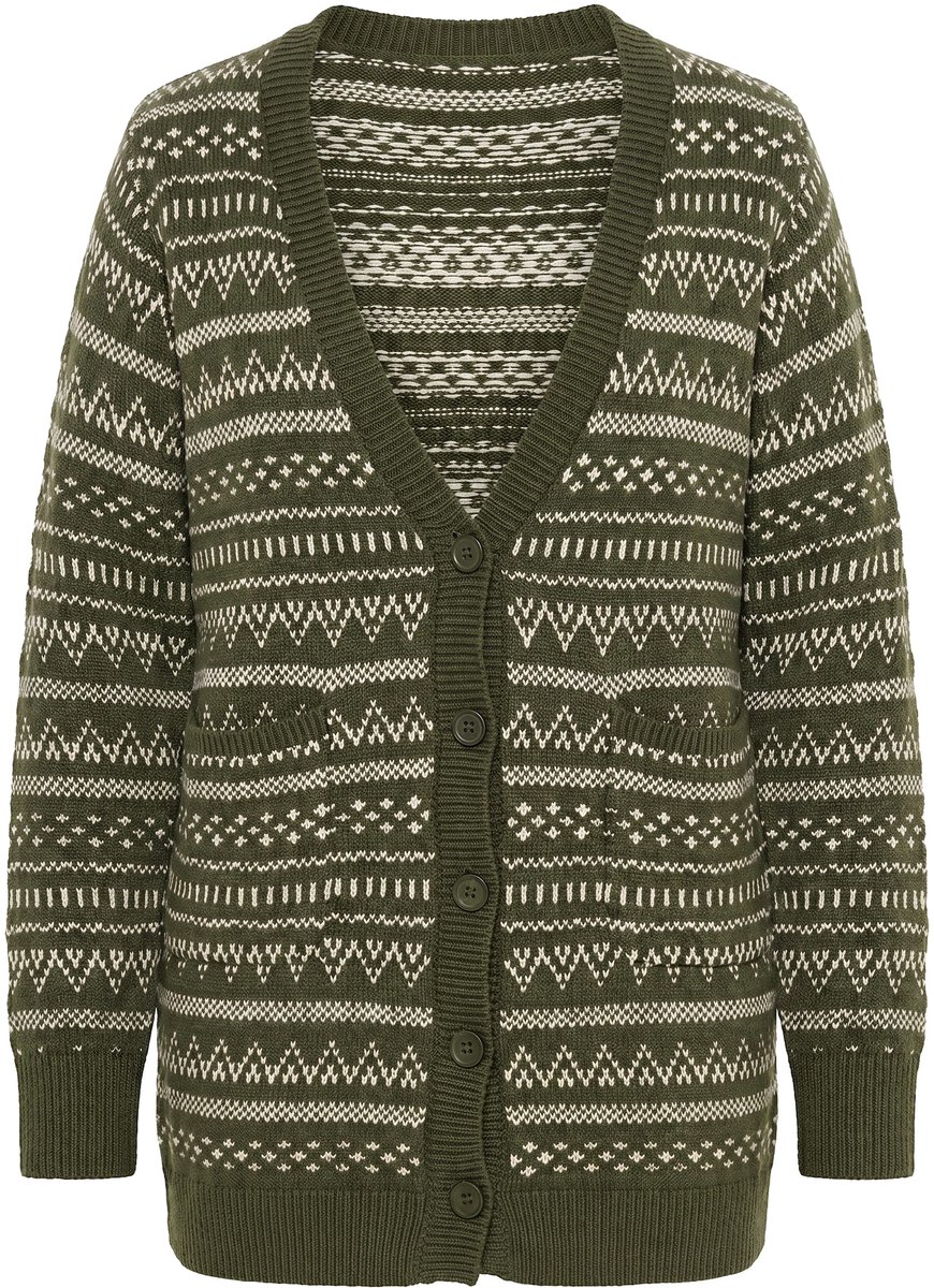 Ulla Popken - Dames - Lang gebreid vest jacquard V-hals lange mouwen - Donkerkaki - Maat 58+