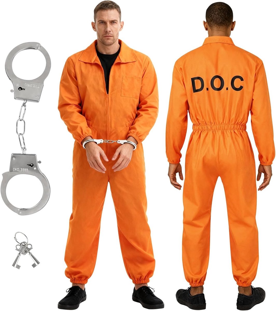Oranje gevangenis kostuum voor mannen, klassiek gevangenis jumpsuit met handboeien, perfect voor carnaval, cosplay en Halloween, maat 65-180 cm