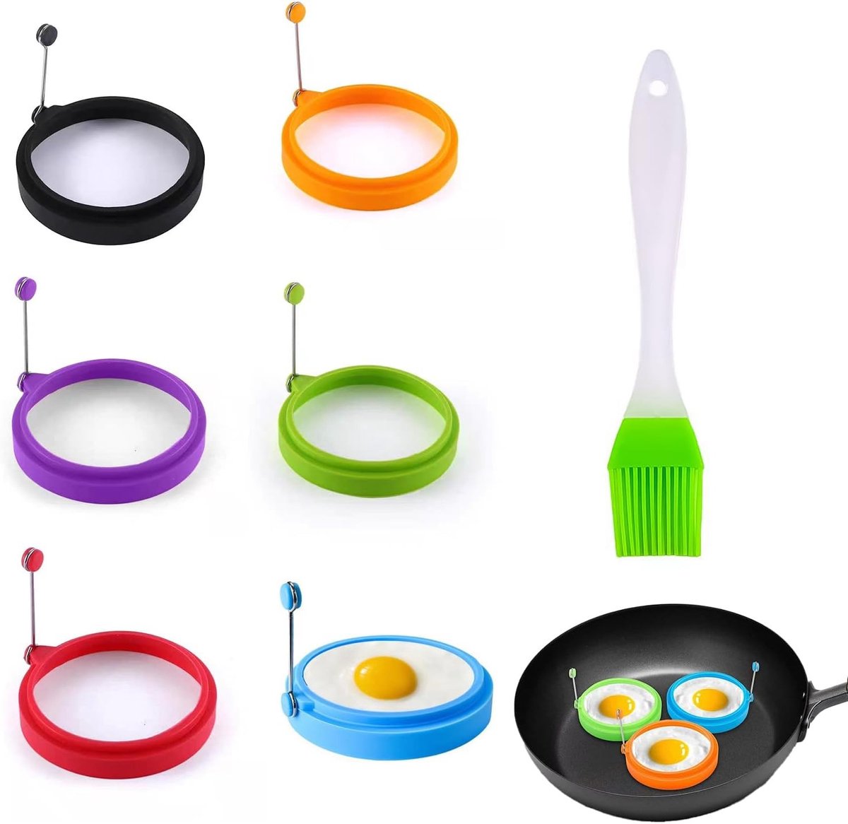 Set van 6 Siliconen Eivormpjes van 10 cm - Antiaanbak Omelet Mold met Handvatten, Warmtebestendig voor Eieren en Hamburger Patty's