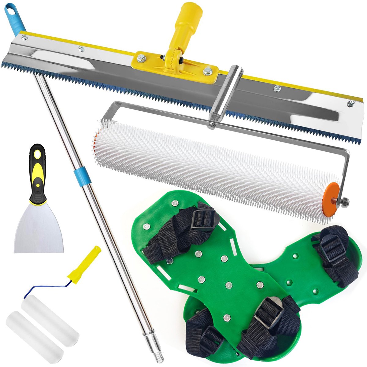 Vloerverf ontschuimingsroller set - 6-delig - 11 mm ontschuimingsroller, 30 mm spijkerroller, vloerschraper en 162 cm verlengstang - inclusief verfroller en schraper