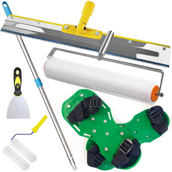 Set met 6 gereedschappen: spijkerroller, schraper, verlengstang, spackmes, verfroller en ontluchtingsschoenen.