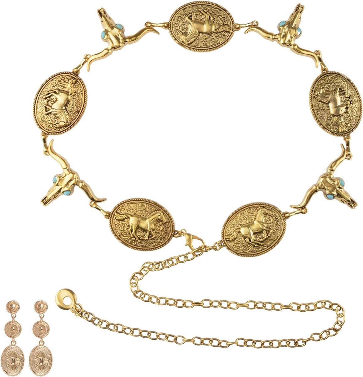 Stijlvolle Concho Riem voor Dames, Verstelbare Metalen Tailleband voor Jurken en Jeans met Oorbellen Accessoires