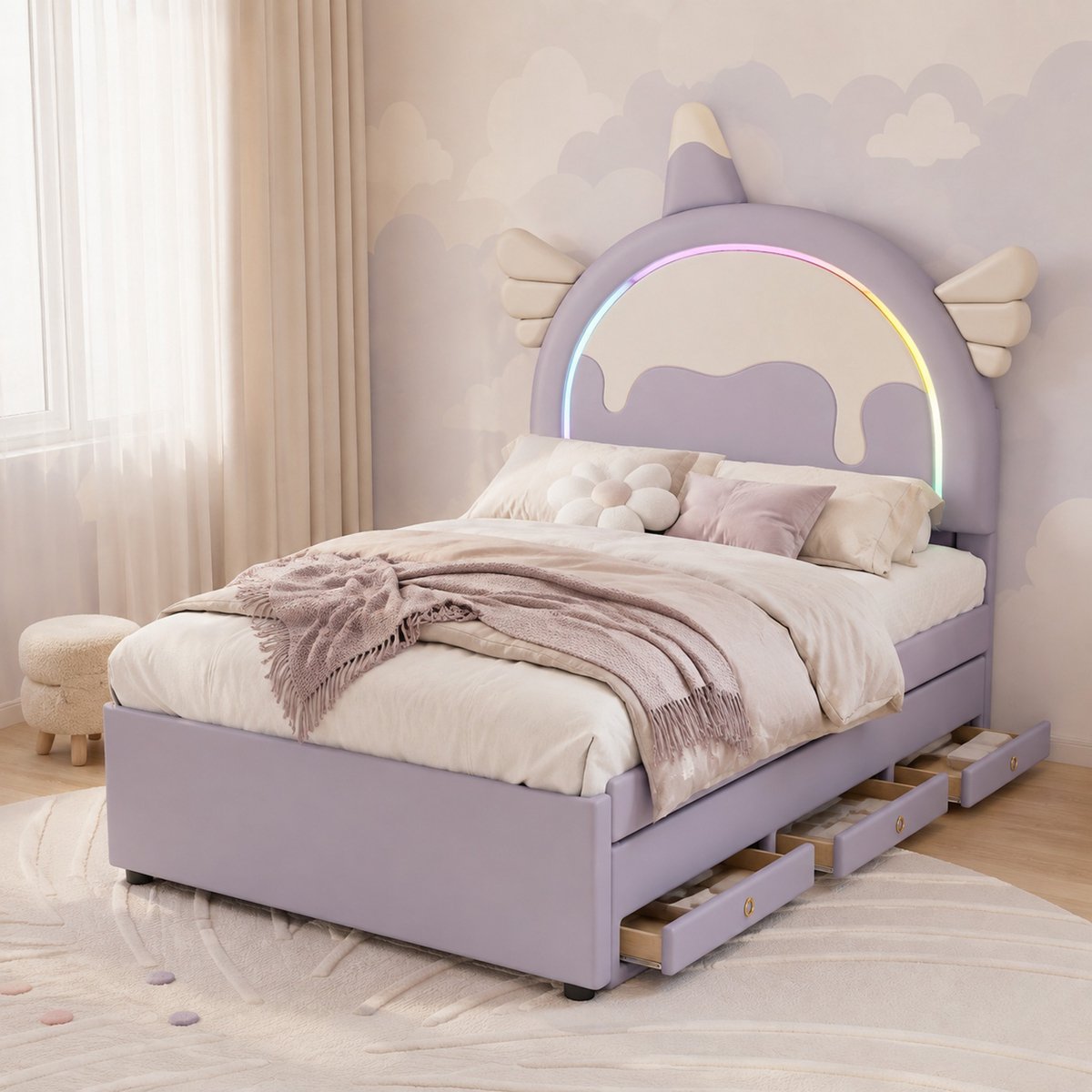 MIVRAY Kinderbed 90x200cm Zonder Matras - Eenpersoonsbed met Uittrekbed en Laden - Eenhoorn Design voor Kinderkamer - Kunstleer MDF - Paars — cadeau in Cadeau-ideeën - foto 4