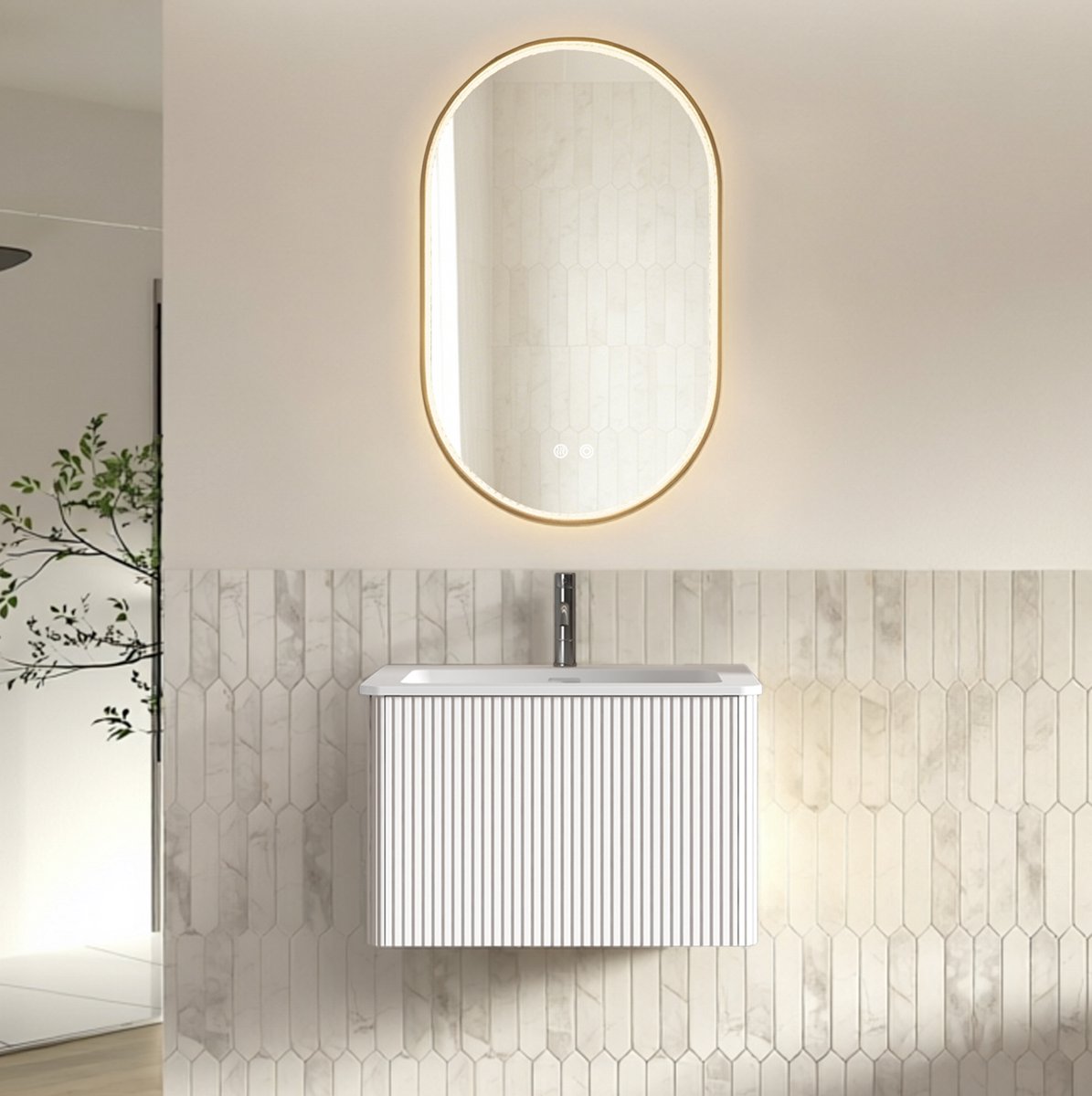 MIVRAY Badkamermeubelset - Zwevend Design Met LED Spiegel En Kunststeen Wastafel - Ruimtebesparend Voor Badkamer - Wit - 60 x 50 x 80 Cm