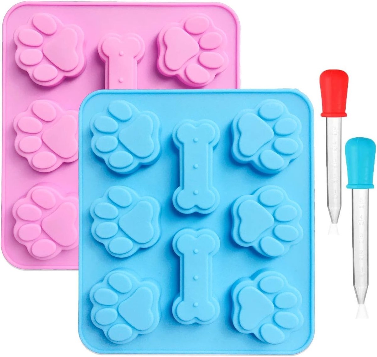 Set van 2 siliconen malletjes voor puppy pootafdrukken en hondenbot, inclusief 2 transparante druppelaars, herbruikbare 8-caviteit ijs- en snoepmallen voor bakken en decoreren