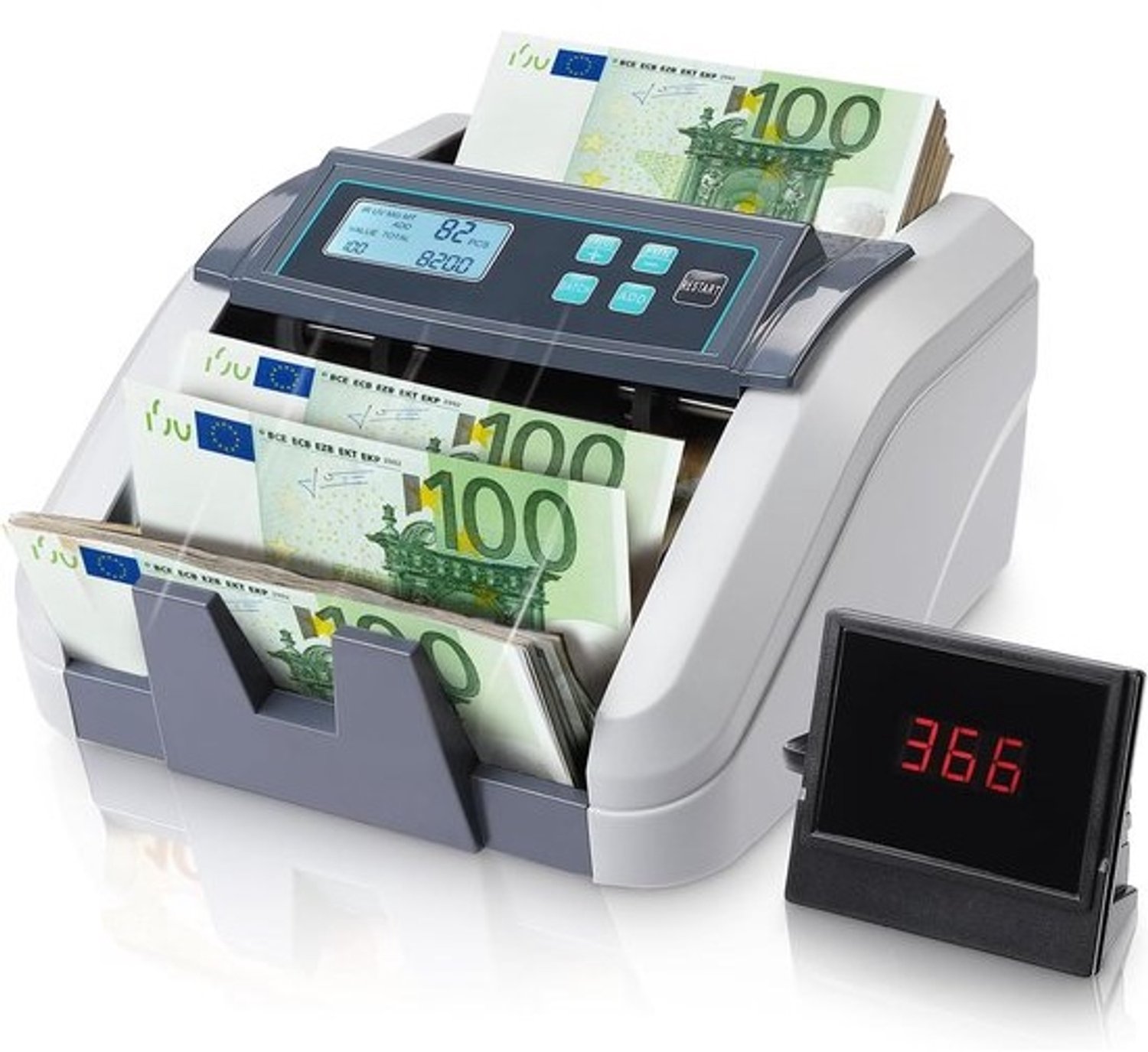 Geldtelmachine - Bankbiljetten tellen - Contant geld verwerken - Waarde berekenen - 1100 biljetten/min - Grijs
