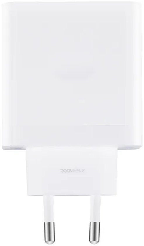 Witte 80W SuperVOOC adapter, zijaanzicht met Europese stekker.