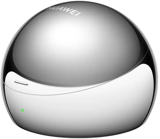 Gesloten zilverkleurige Huawei oplaadcase met een glanzende afwerking en een groen led-indicatielampje.
