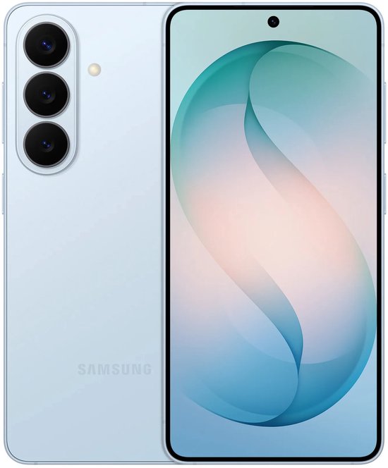 Lichtblauwe Samsung smartphone met drie camera's aan de achterkant en een S-vormig patroon op het voorscherm.