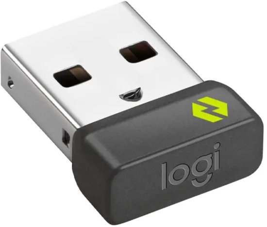 Kleine zwarte Logi USB-ontvanger met een groen icoon en zilverkleurige connector.