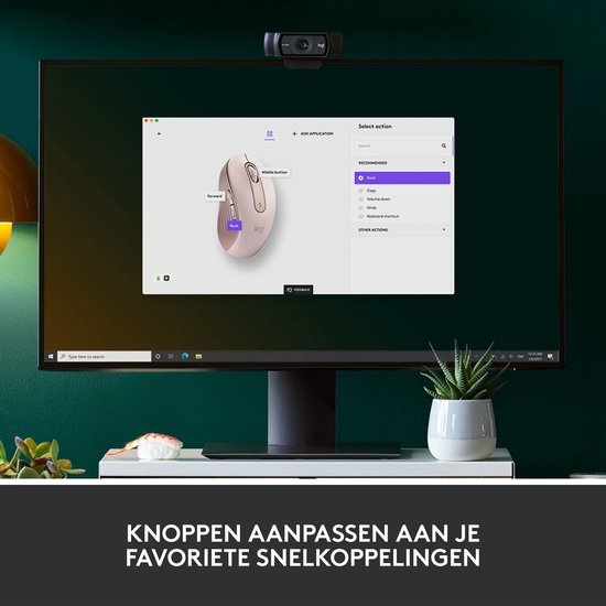 Computerscherm met software om de knoppen van de roze muis aan te passen.
