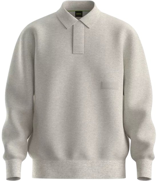 Lichtbeige BOSS-poloshirt met lange mouwen, kraag en een subtiele BOSS-badge op de borst.