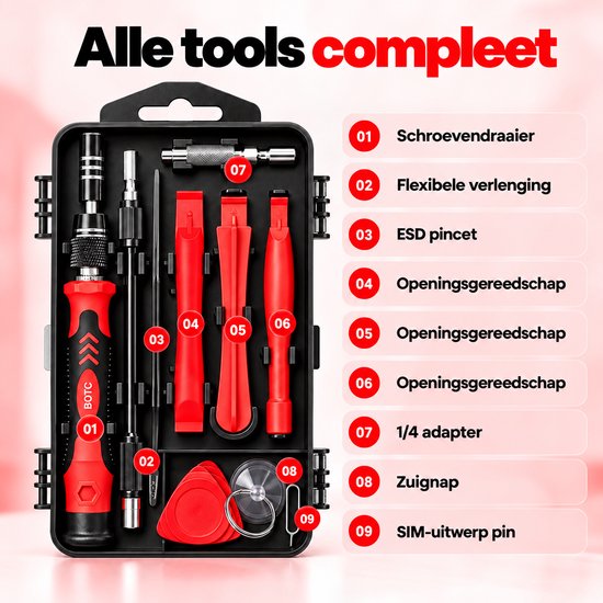 Overzicht van de BOTC precisie schroevendraaierset onderdelen genummerd 01 tot 09. Tekst: Alle tools compleet.
