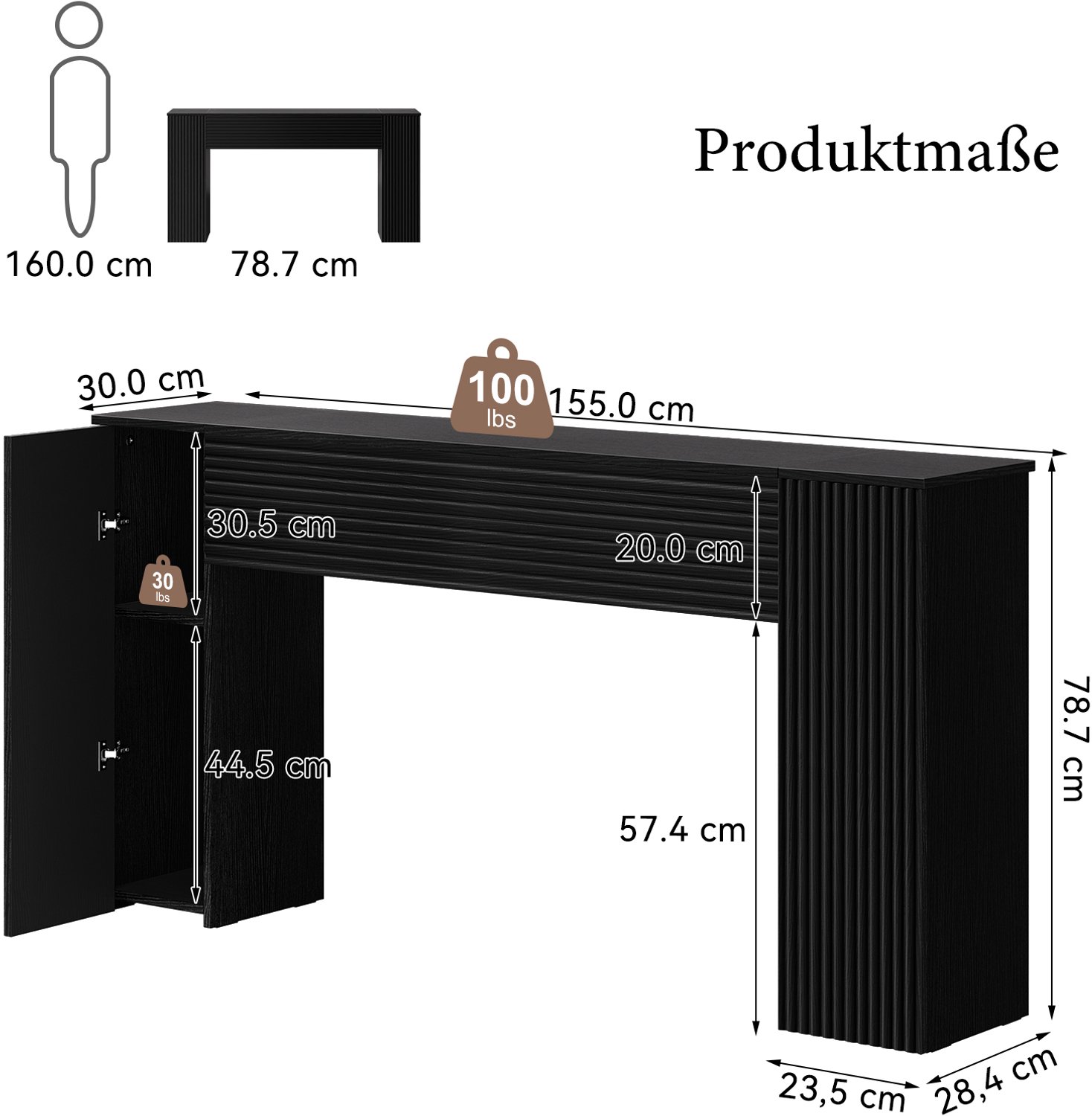 FABATO Gegolfde console 155 cm-Met 2 verborgen opbergvakken-Smalle sofatafel voor de wand-Zwarte haltafel en entreeftafel-Voor woonkamer, hal of foyer-Zwart