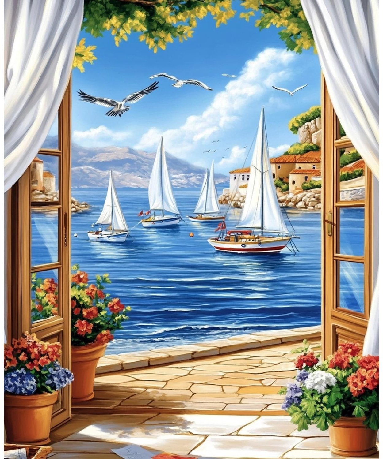Schilderen op Nummer - Zee Landschap met Schip en Vogels - 40 x 50 cm