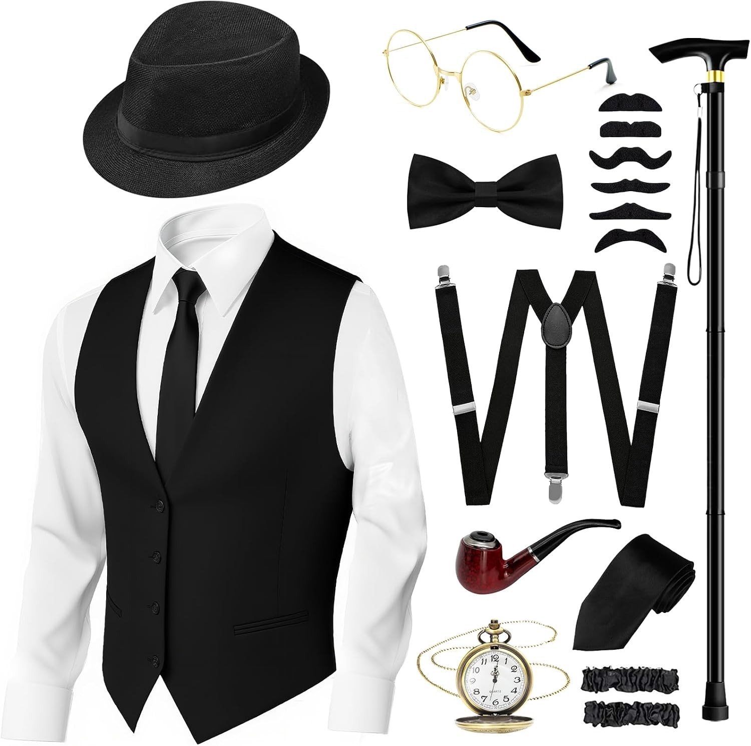 1920s Mannenaccessoires voor Peaky Blinders Kostuum, Mafia Outfit met Vest, Vouwstoel, Braces en Strikdas voor Carnaval en Themafeesten