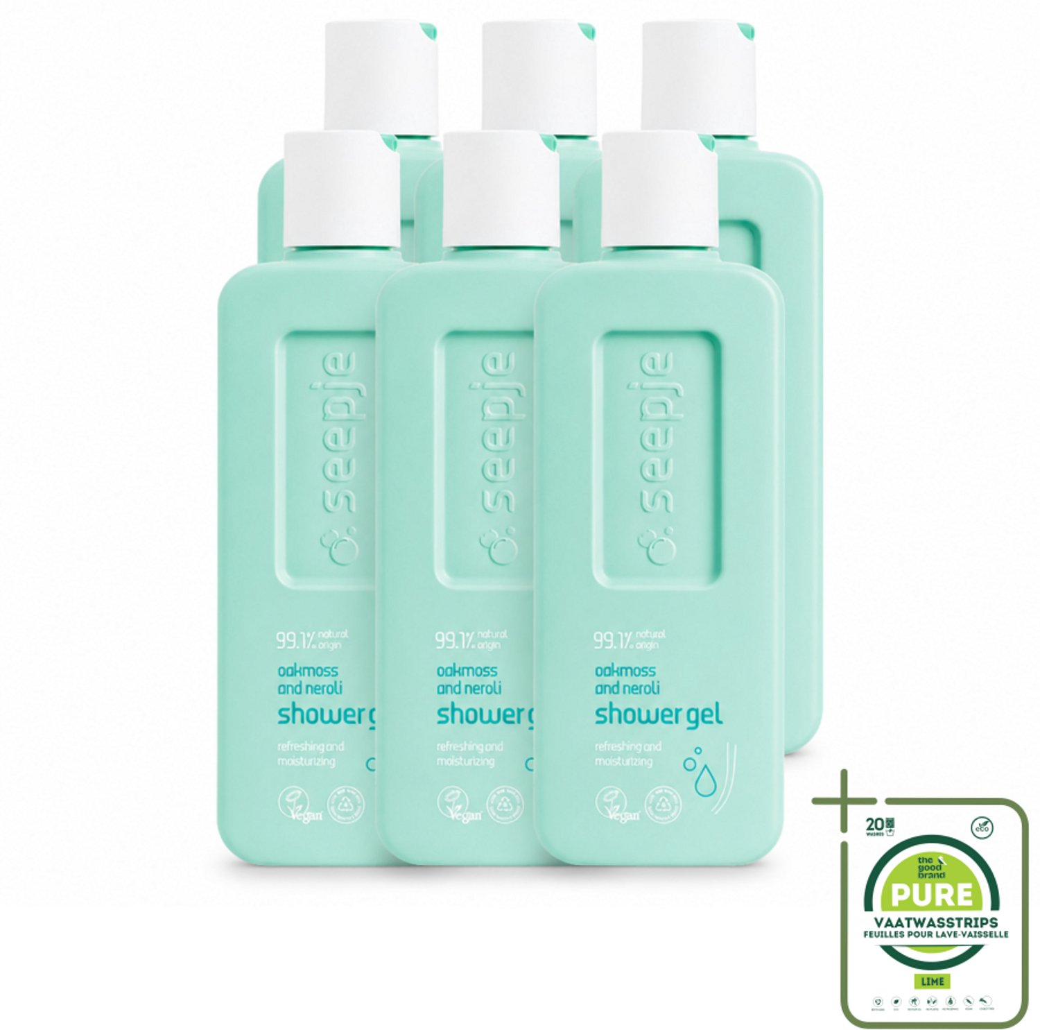 6 x Seepje - Douchegel - Hydraterend & Verfrissend - Eikenmos en Neroli - 300 ml - Grootverpakking - Vaatwasstrips - Douchegel - Natuurlijke Douchegel - Eikenmos - Neroli - Huidverzorging