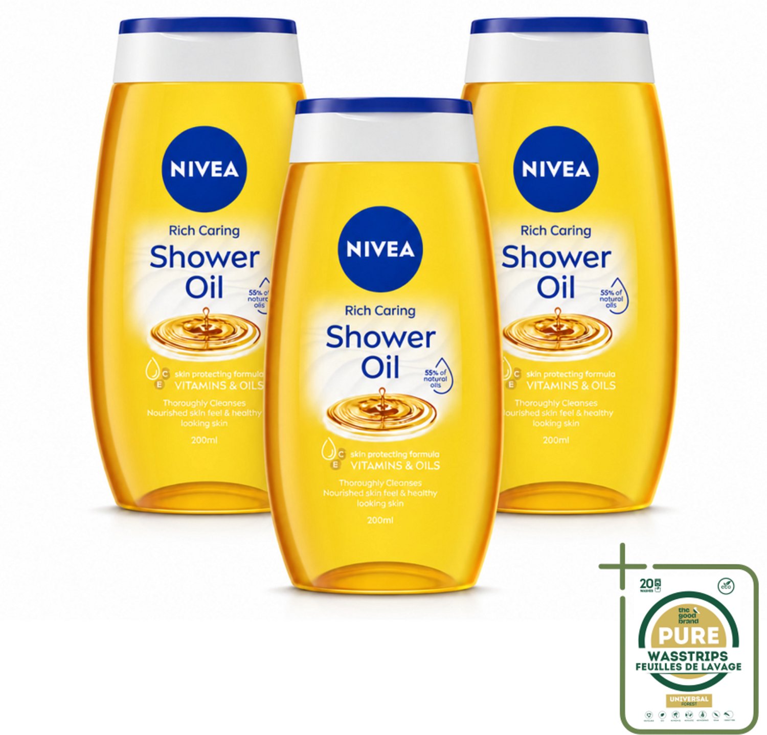 3 x NIVEA - Doucheolie - Natuurlijke Doucheolie - 200 ml - Wasstrips - Doucheolie - Natuurlijke Doucheolie - Huid Verzorging - Zachte Huid - Hydraterende Olie