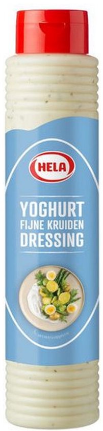 Fles Hela Yoghurt Fijne Kruiden Dressing met rode dop en afbeelding van salade met ei.